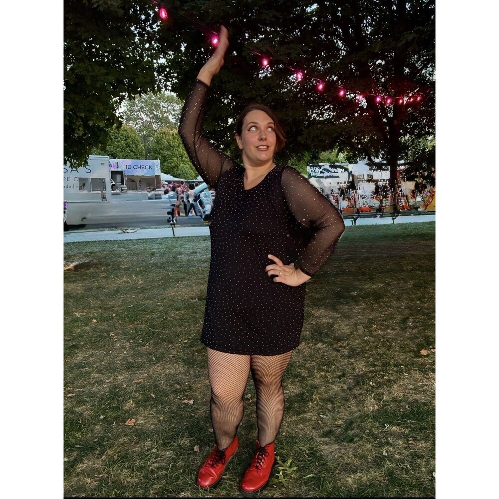 Grunge Glam All Over Rhinestone Mesh Mini Dress Sheer‎ Long Sleeve Black 3X Plus